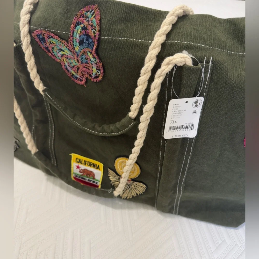 Free People Sea Serpent Weekender Tote Bag Olive Green Canvas NWT $128 - Picture 7 of 14